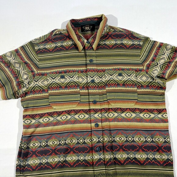 RRL Limited Mens Jacquard Knit Jersey Work Button Cotton Shirt Western Top Sz L - Picture 3 of 12